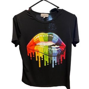 NWOT black short sleeved rainbow lips tee